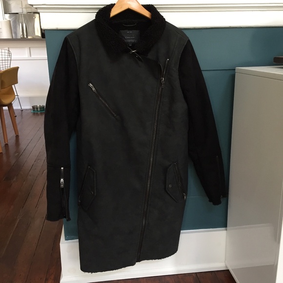 Long Faux Shearling Contrast Biker Coat by Only - Picture 4 of 13